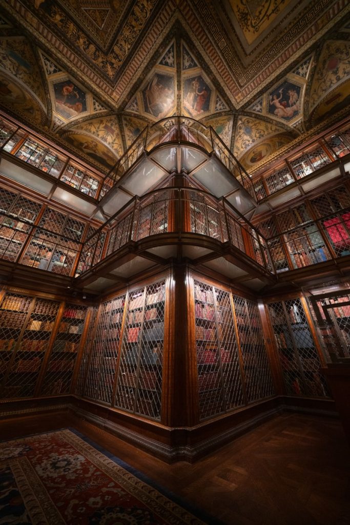A grand, ornate library with many books.